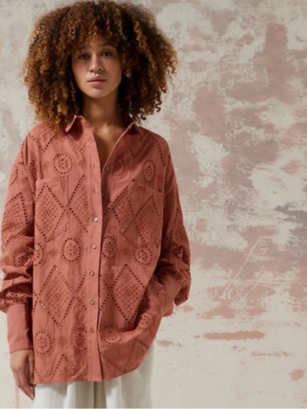 East 42nd Street Woven Eyelet Button-Front Shirt Jacket - Rose